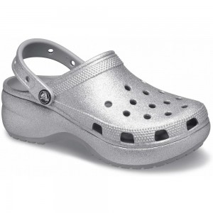 Crocs Classic Platform Glitter Women Clogs Silver | EFBRXL837