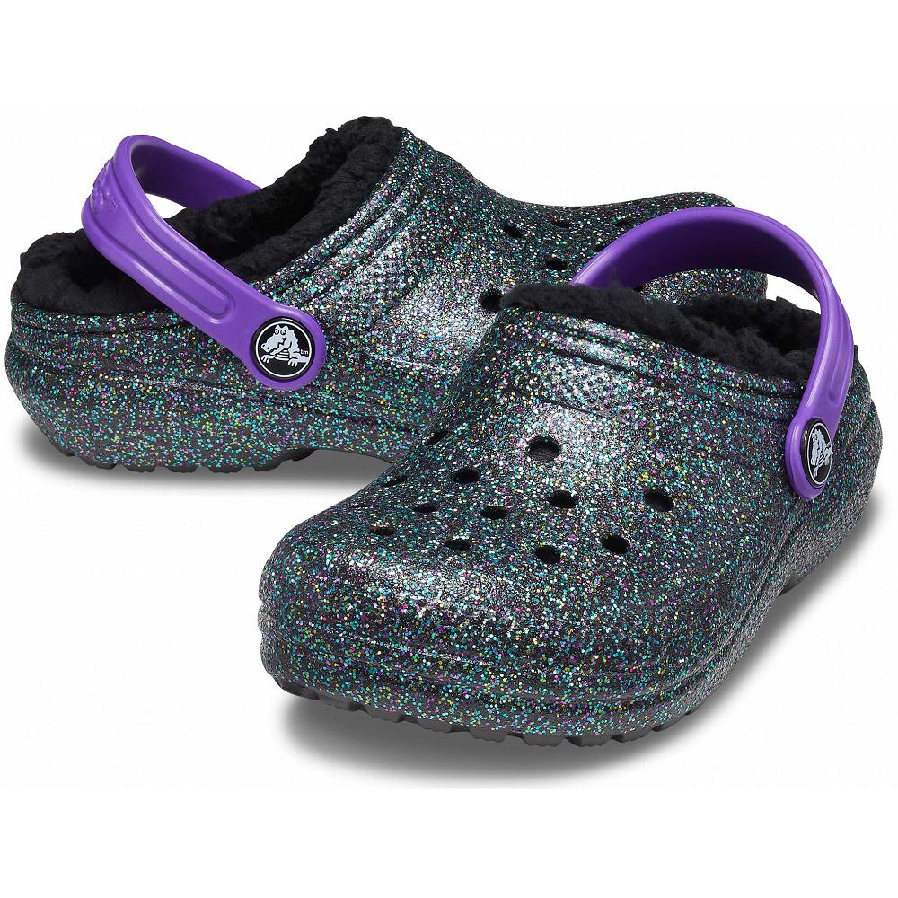 Crocs Classic Glitter Lined Kids' Clogs Olive | AMZOTF749