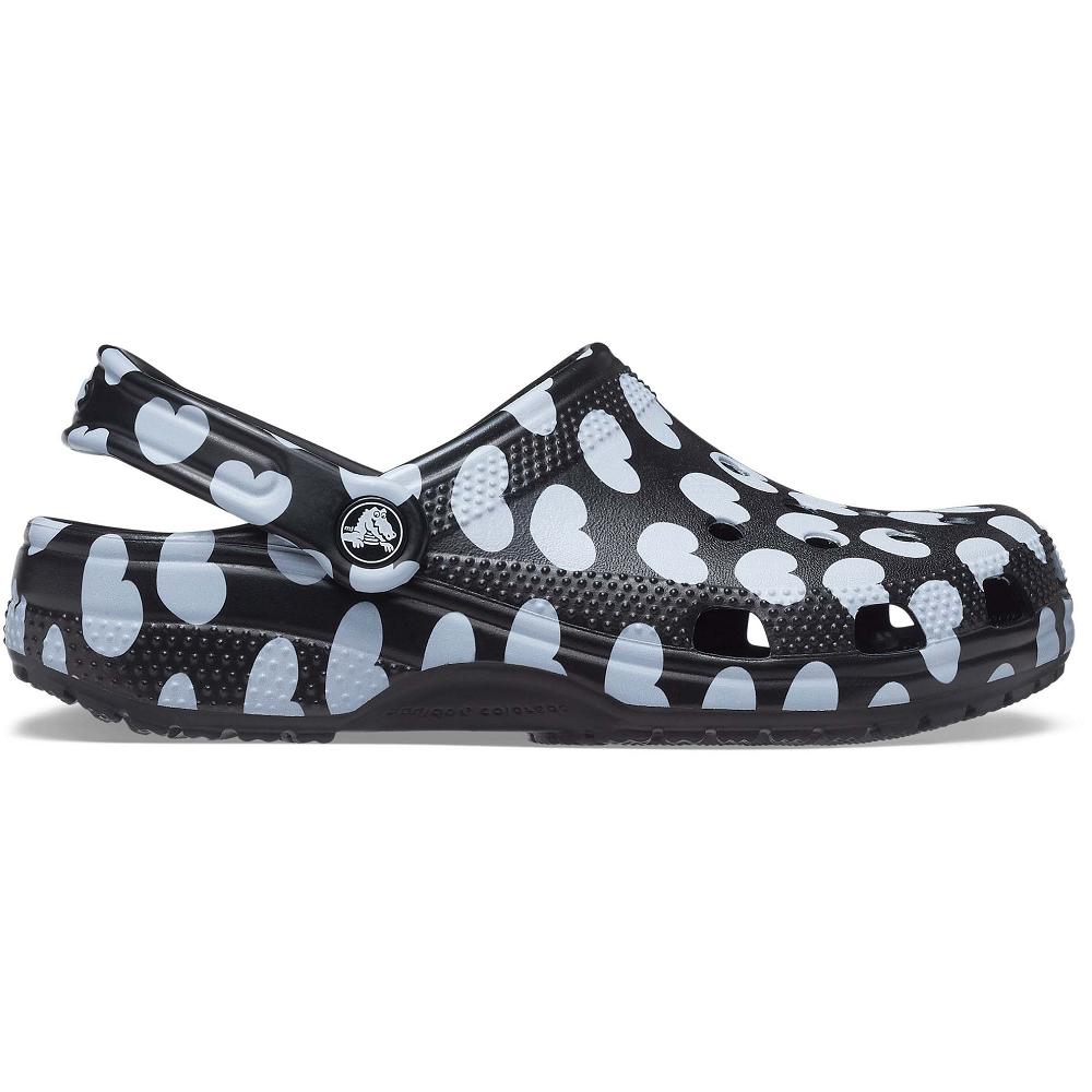 Crocs Classic Heart Print Men Clogs Black / White | UXMCYF682