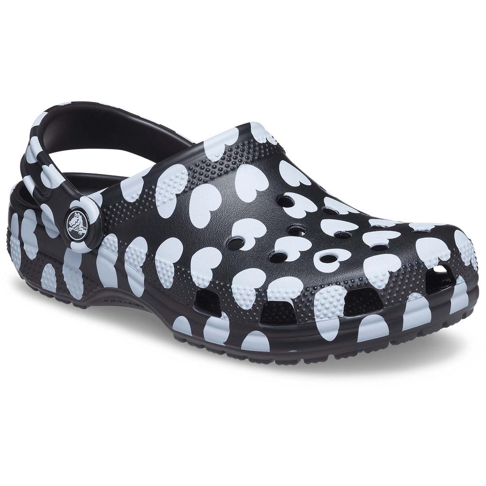 Crocs Classic Heart Print Men Clogs Black / White | UXMCYF682
