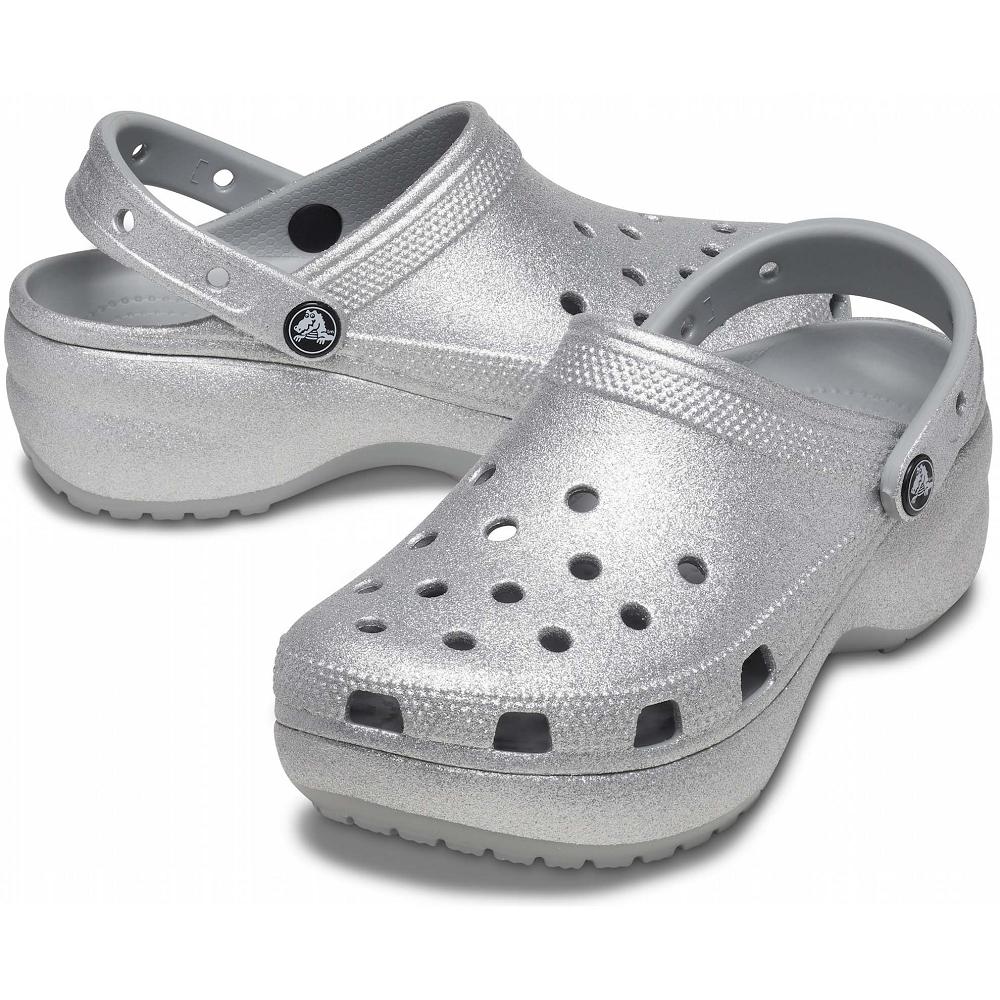 Crocs Classic Platform Glitter Women Clogs Silver | EFBRXL837