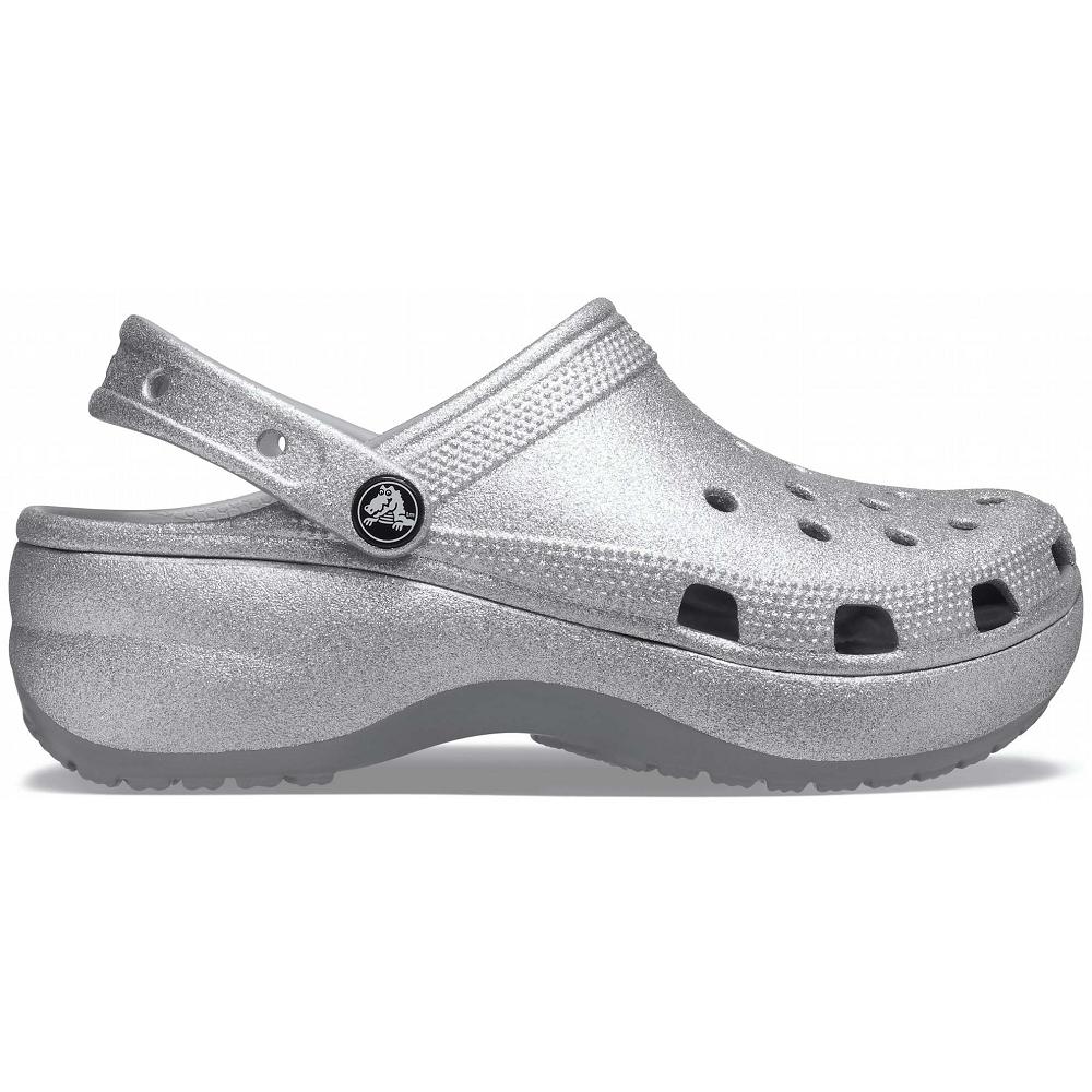 Crocs Classic Platform Glitter Women Clogs Silver | EFBRXL837