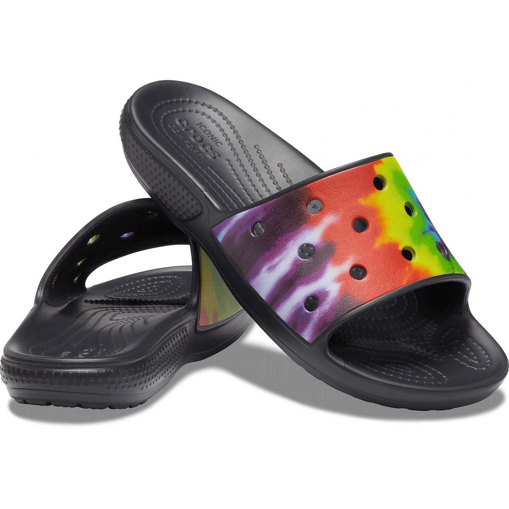 Crocs Classic TieNew Zealand -Dye Graphic Men Slides Black / Multicolor | BUCDNO781
