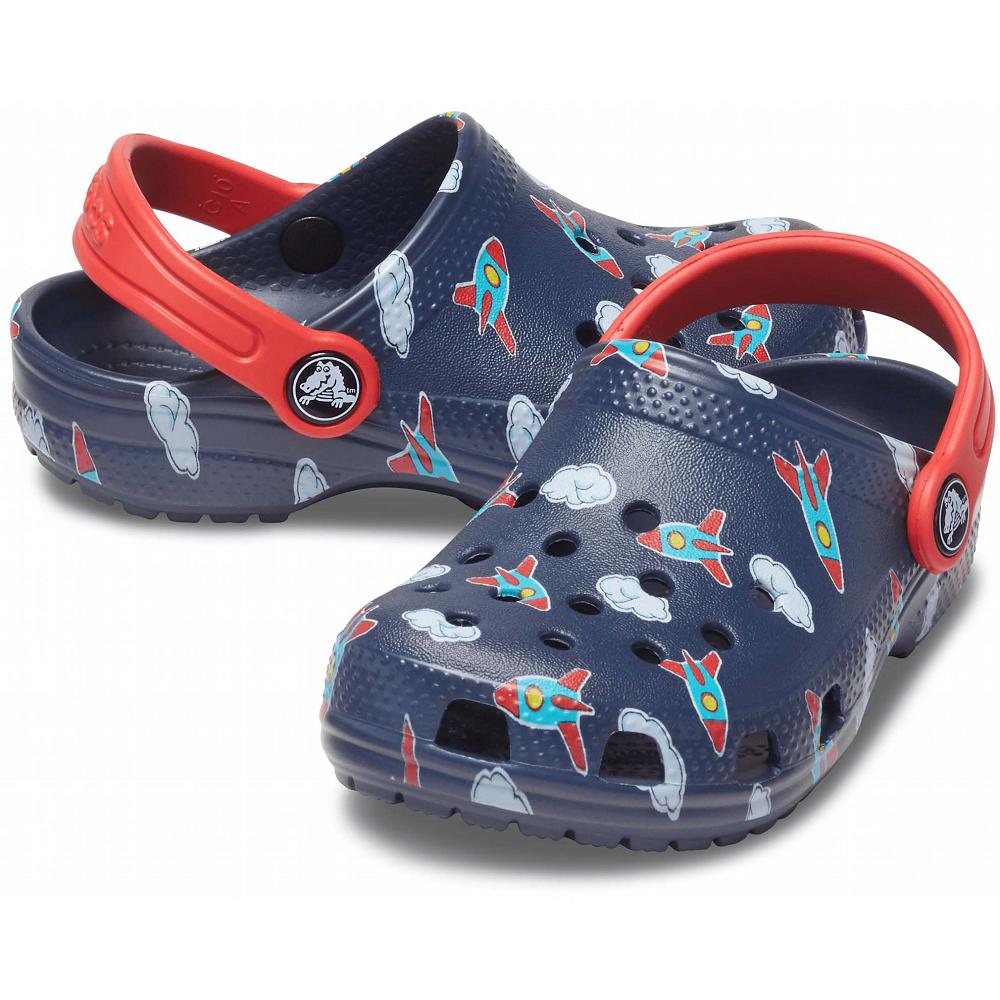 Crocs Classic Toddler Printed Kids' Clogs Navy | BKFVLQ281