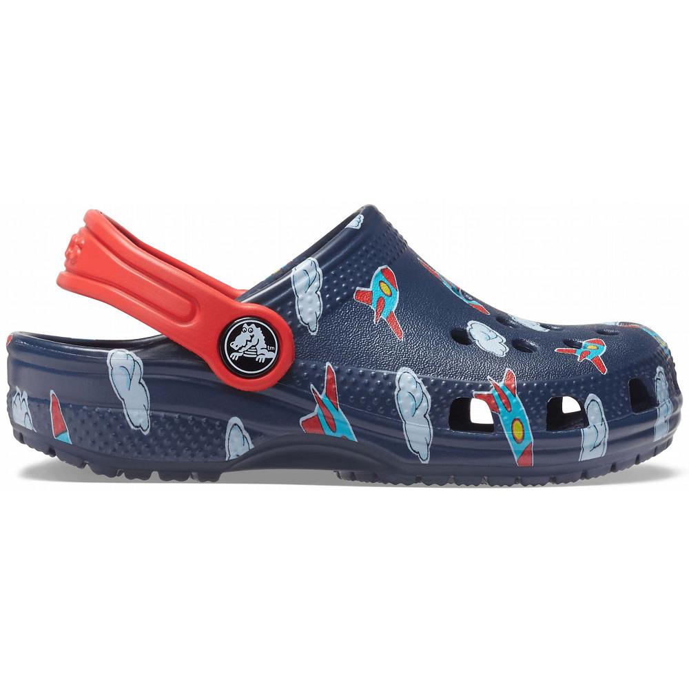 Crocs Classic Toddler Printed Kids' Clogs Navy | BKFVLQ281