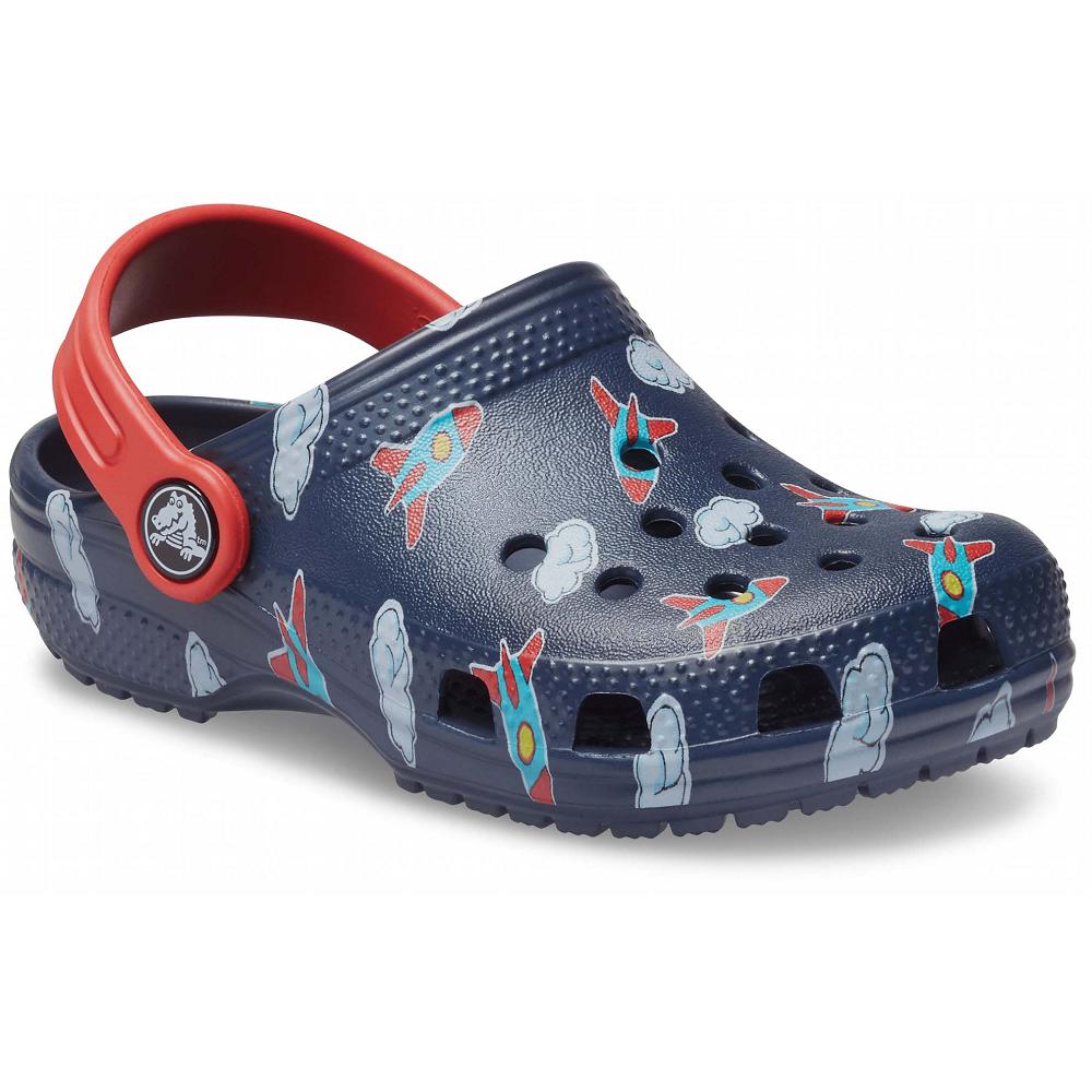 Crocs Classic Toddler Printed Kids\' Clogs Navy | BKFVLQ281