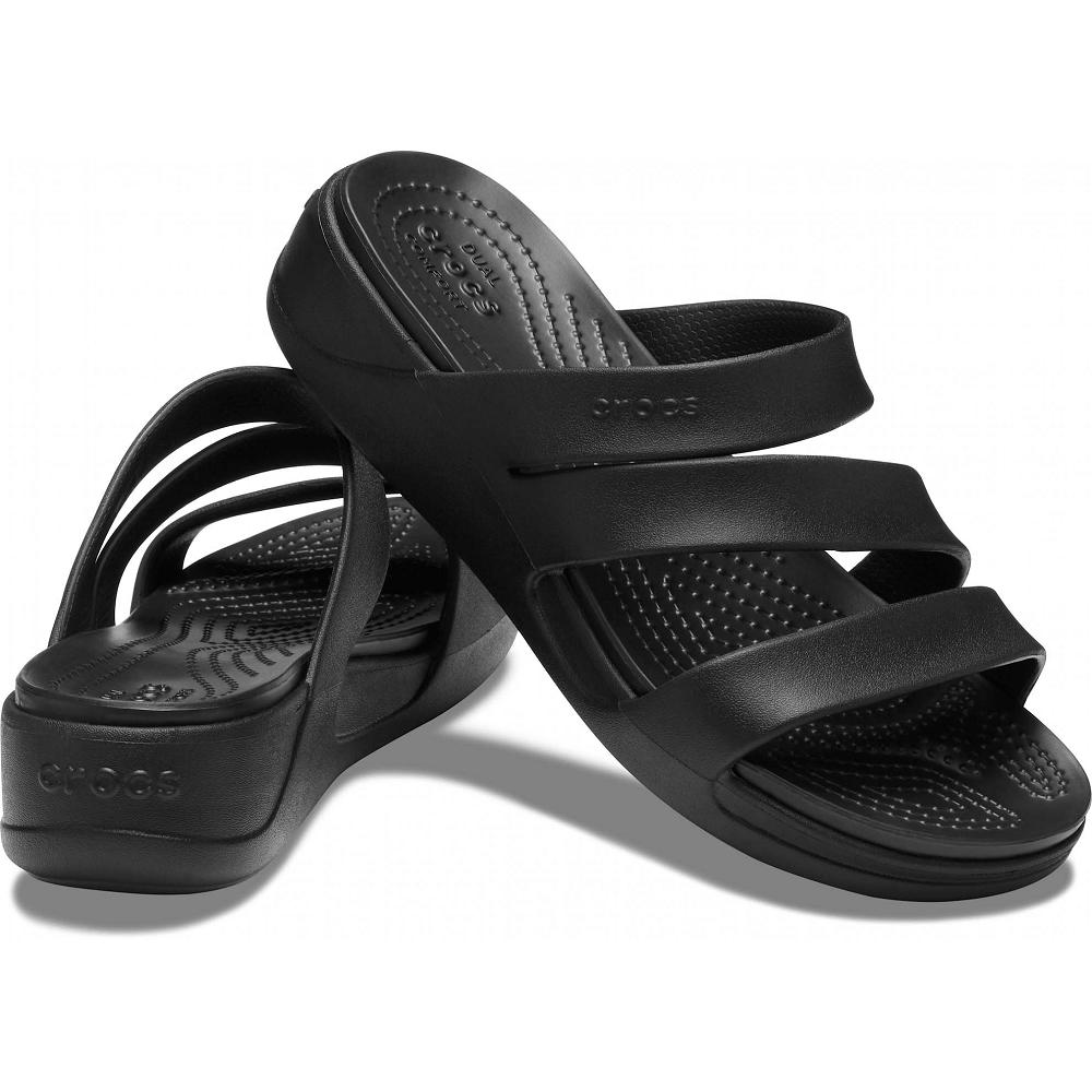 Crocs Monterey Strappy Women Wedge Black | WJENAC256