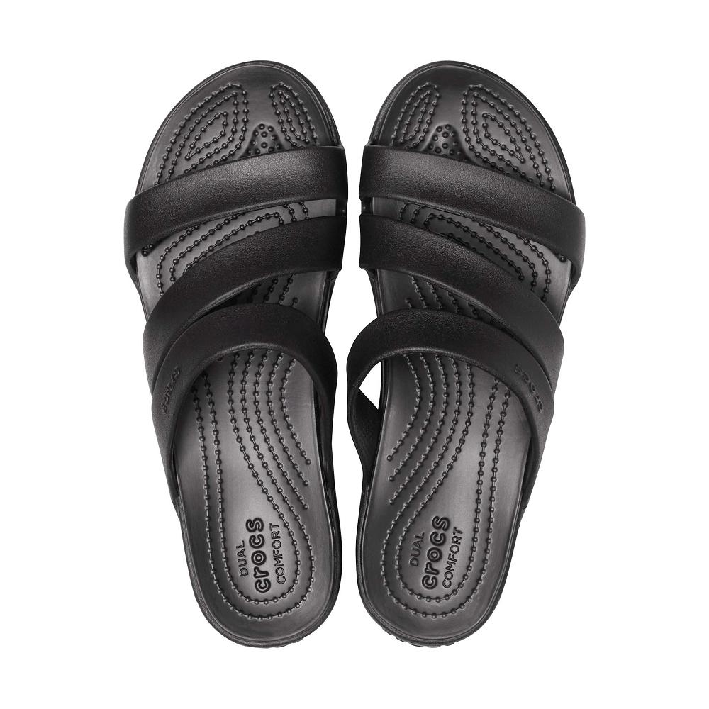 Crocs Monterey Strappy Women Wedge Black | WJENAC256